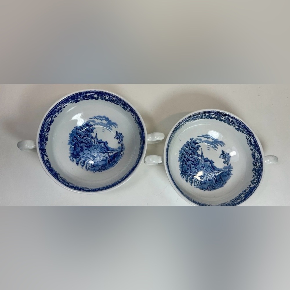 2 Royal Tudor Ware Olde England Pattern Twin-Handle Soup Bowls Perfect Condition